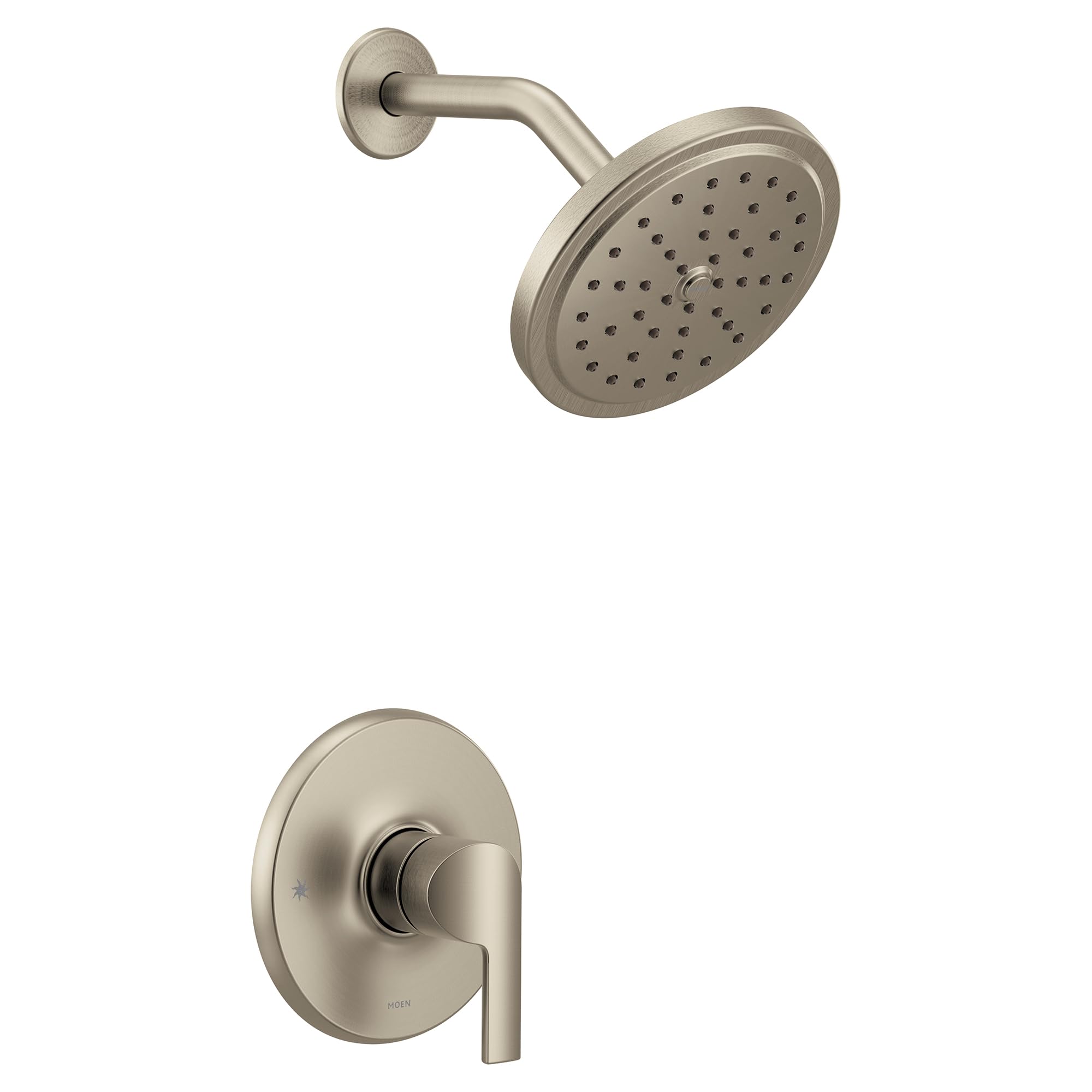 Brushed nickel shower trim kit with single handle lever, round showerhead with spray holes, and curved arm.