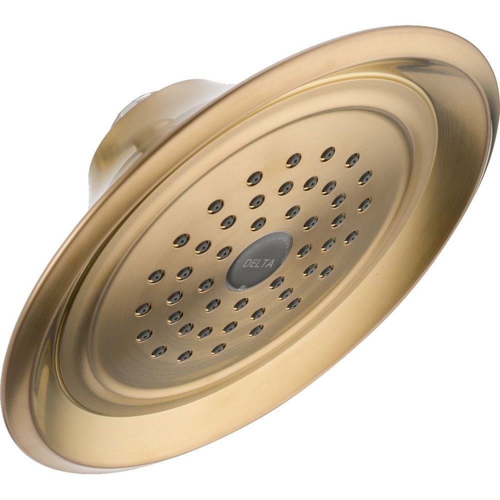 Champagne bronze raincan shower head with multiple spray jets and Delta branding on face.