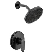 Matte black shower trim with wide circular showerhead and lever handle control valve.