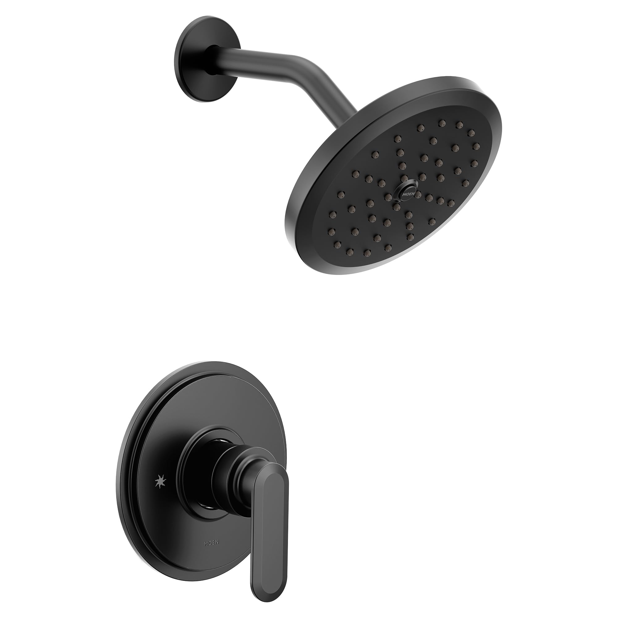 Matte black shower trim with wide circular showerhead and lever handle control valve.