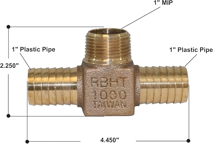 Bronze hydrant tee with 1" MIP top outlet and two 1" plastic pipe barb connections on sides.