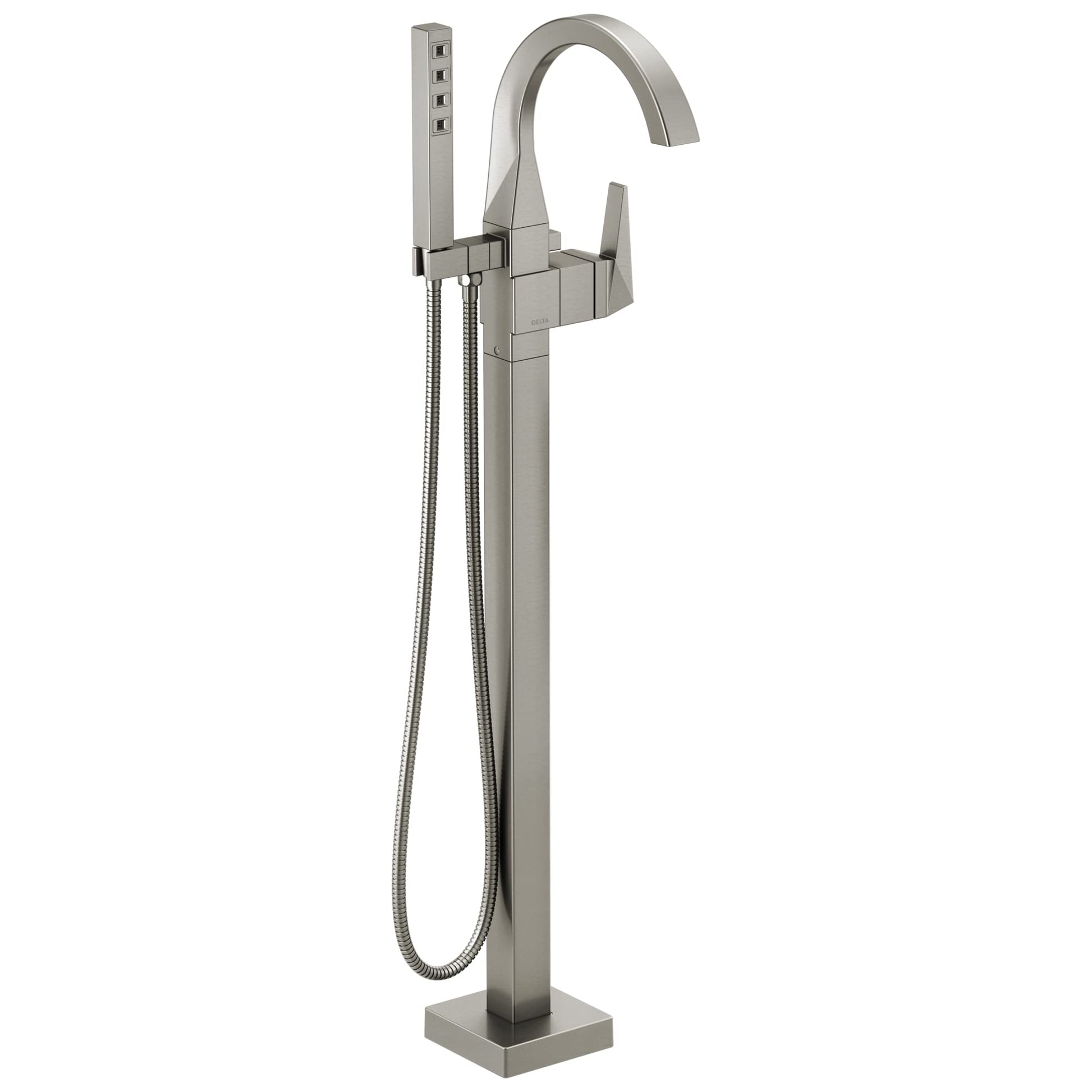 Brushed nickel floor-mount tub filler with arc spout, single handle, and handheld shower wand with hose.