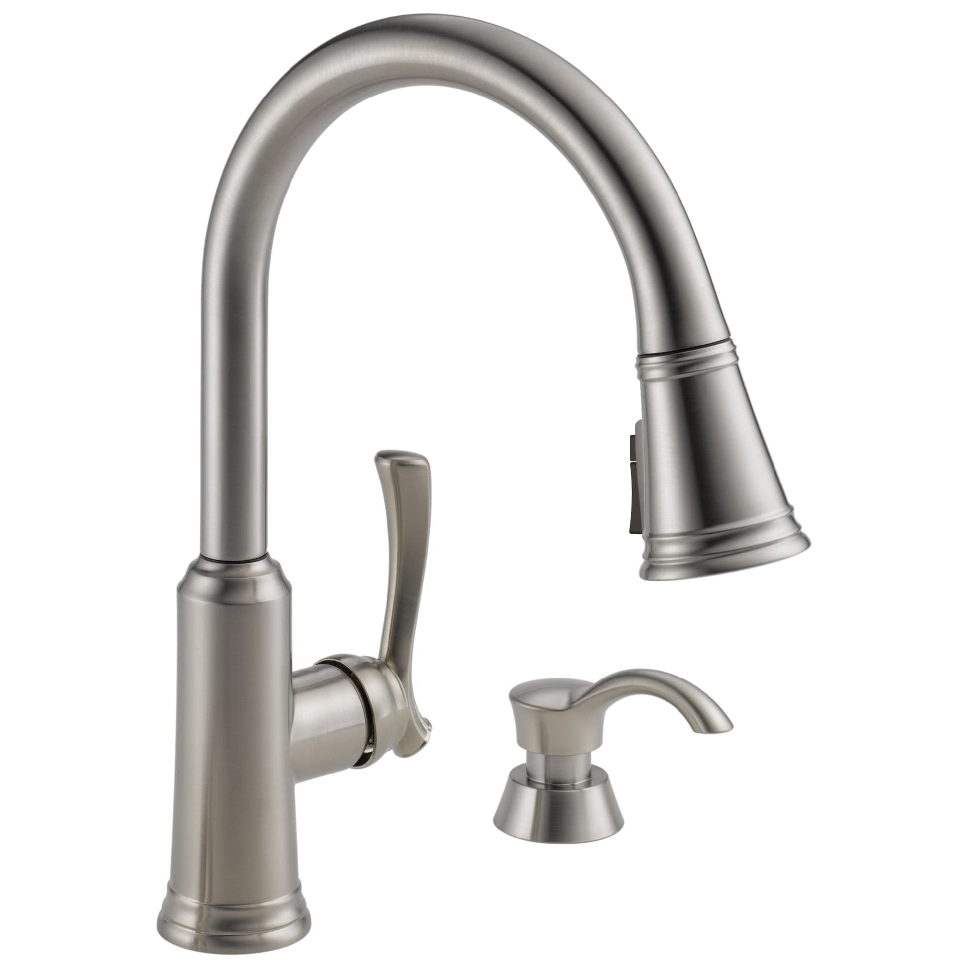 Stainless steel kitchen faucet with pull-down sprayer, single handle, and separate soap dispenser pump.