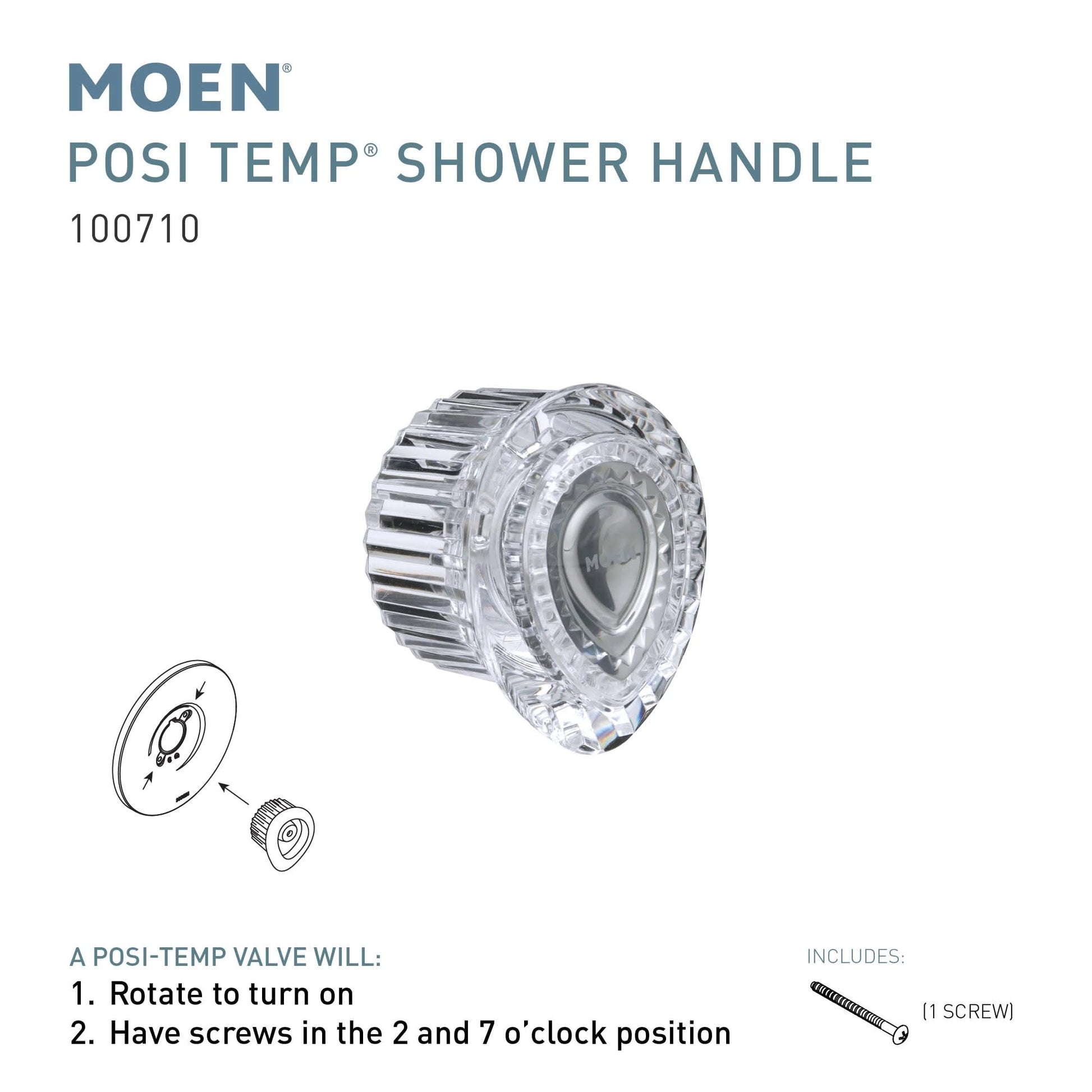 Moen Posi Temp shower handle with clear acrylic knob and metal ridged grip, model 100710.