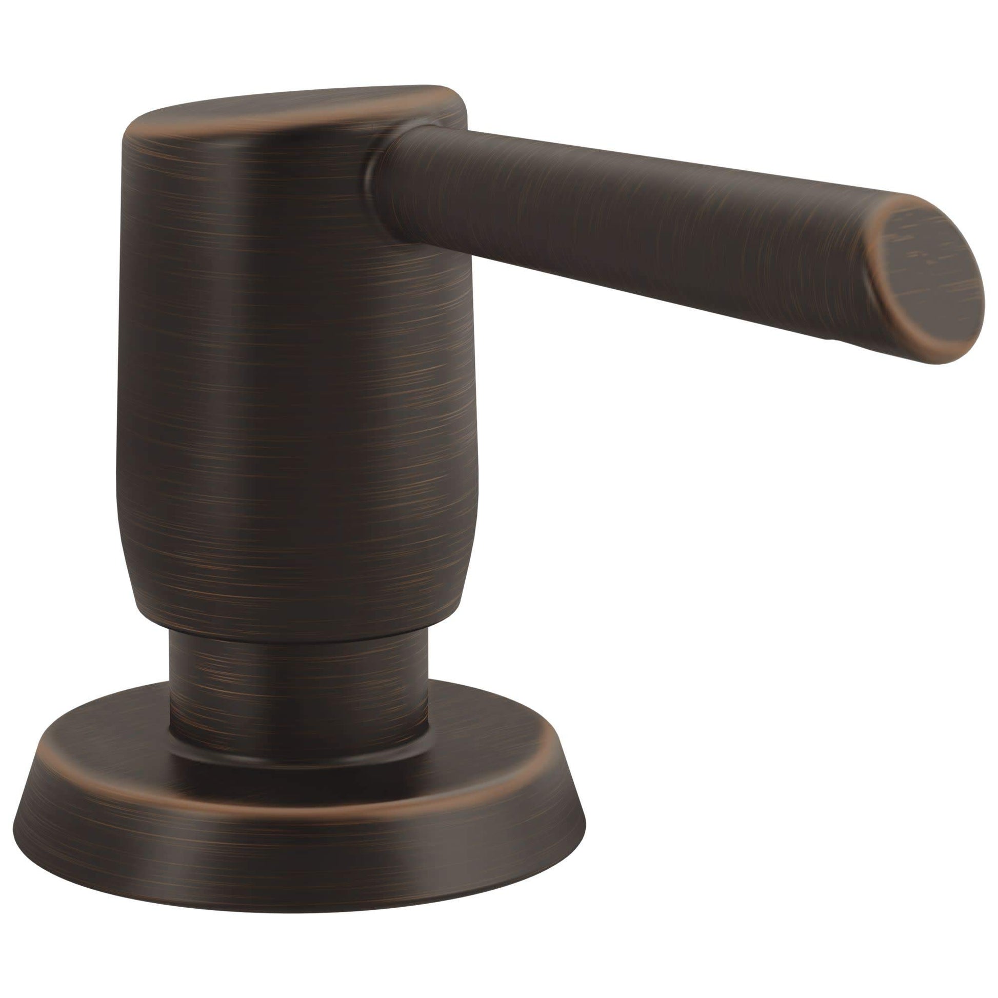 Venetian bronze metal soap dispenser with cylindrical pump and round base.