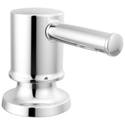 Cylindrical chrome soap dispenser with horizontal pump spout and round base.