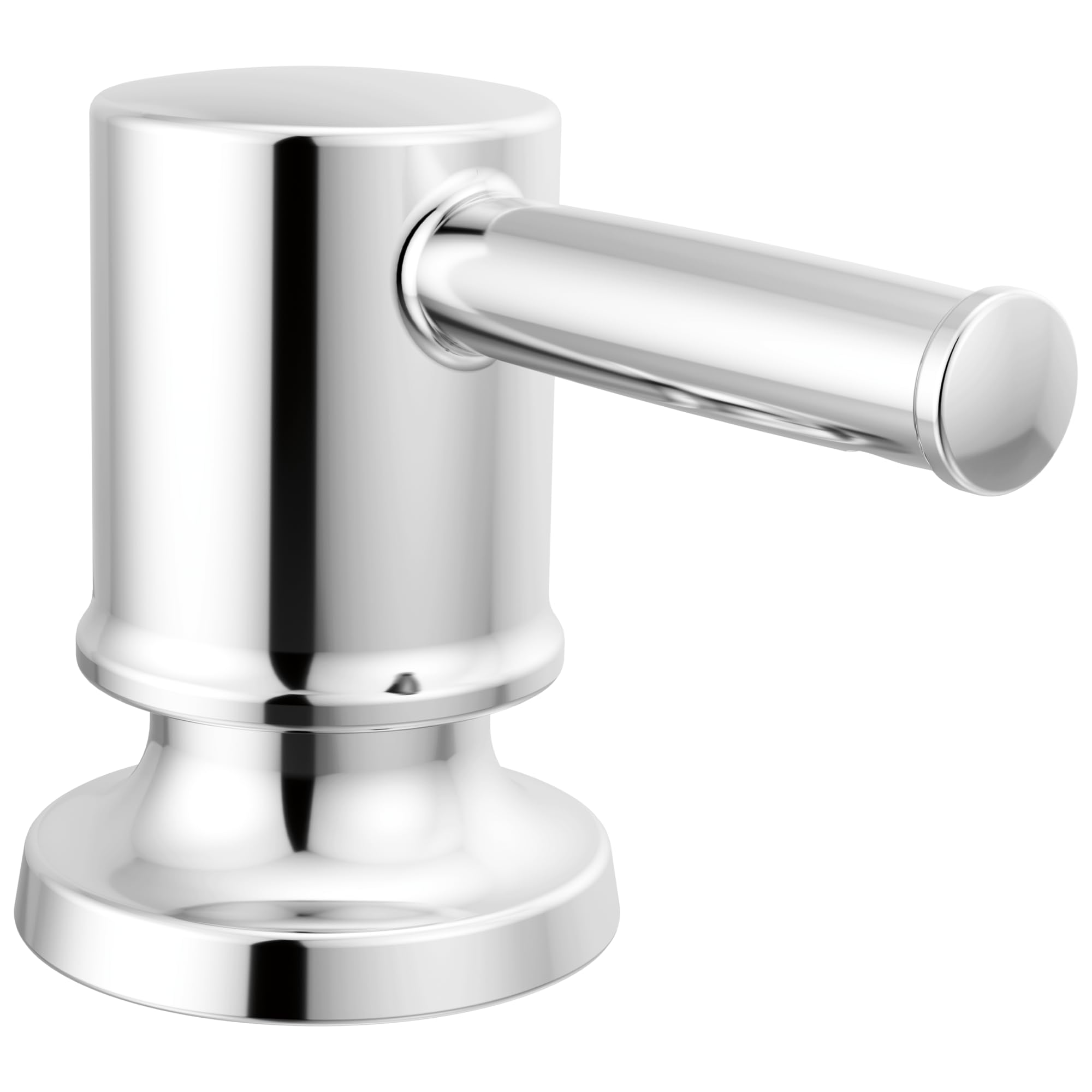 Cylindrical chrome soap dispenser with horizontal pump spout and round base.