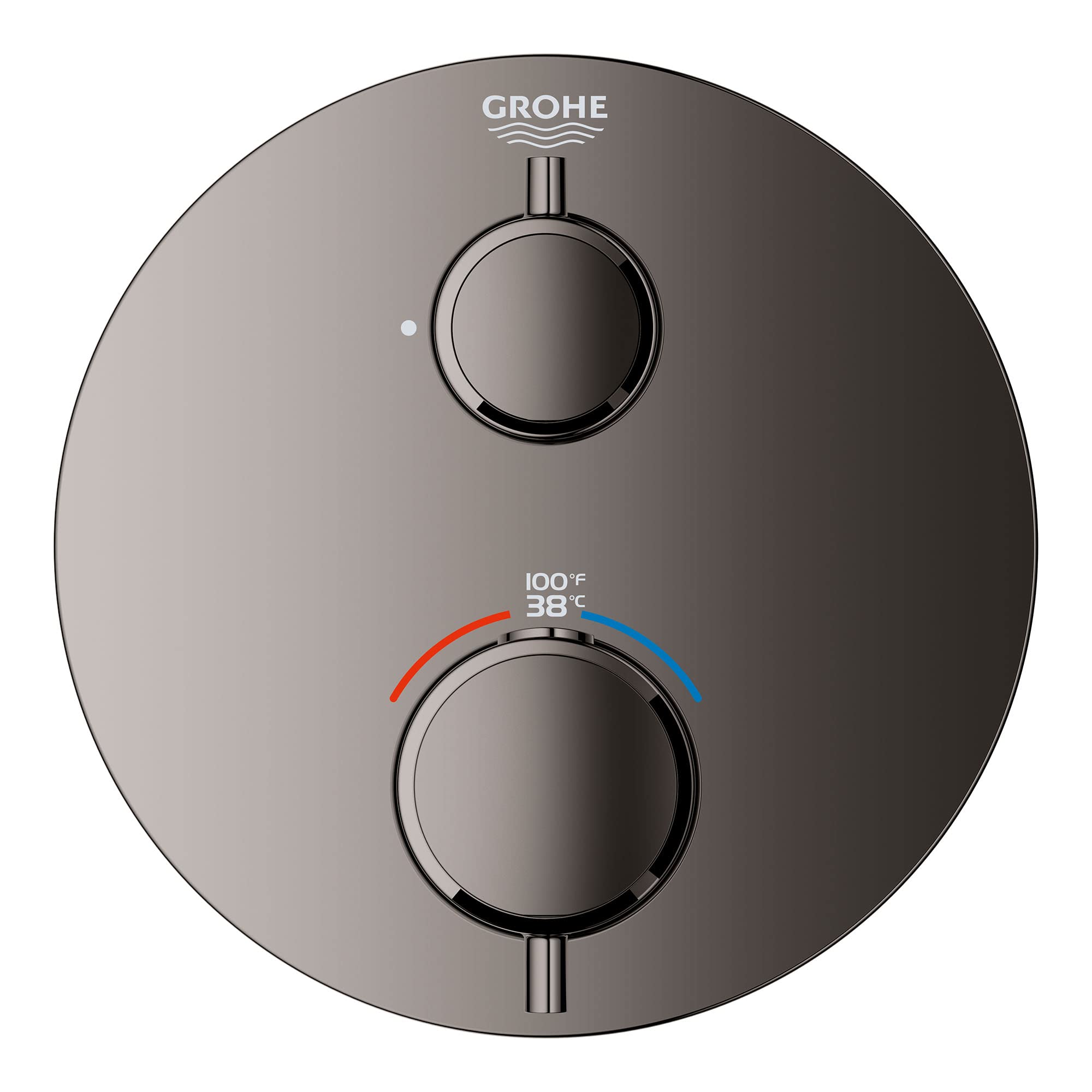 Grohe hard graphite circular thermostatic valve trim with two round handles and temperature display showing 100°F/38°C.