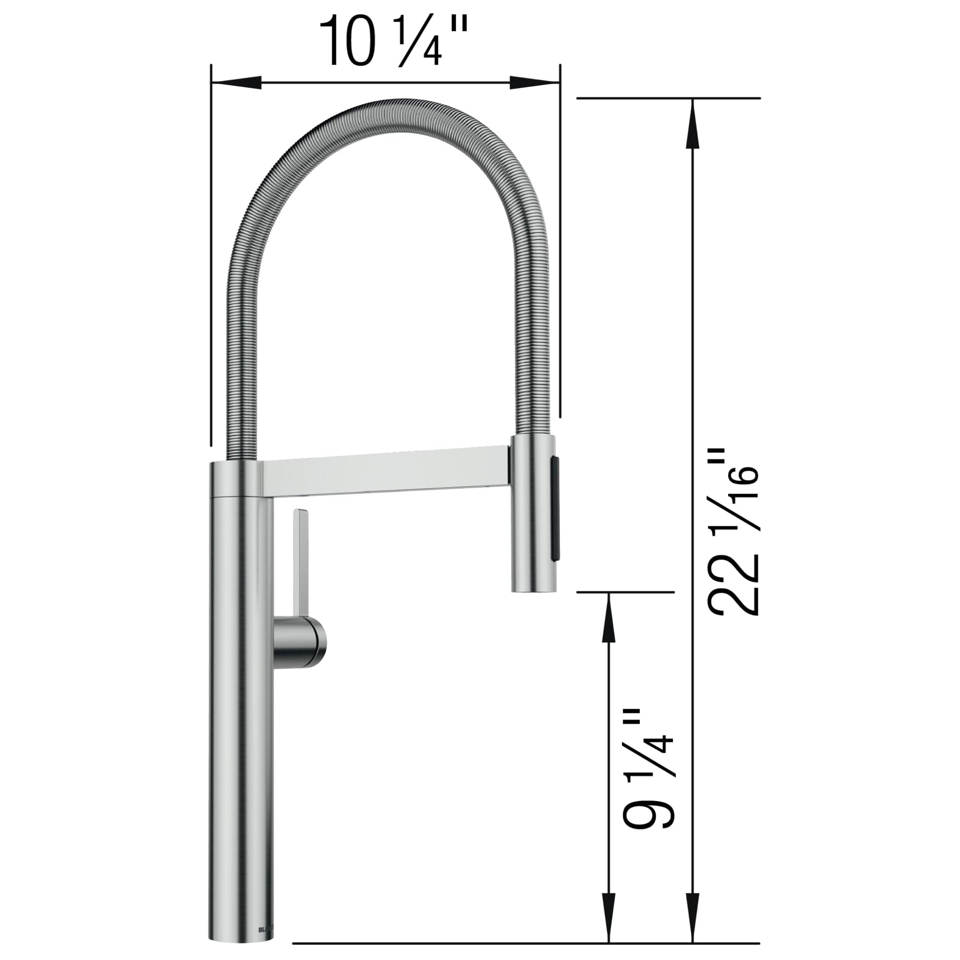 Stainless steel pull-down kitchen faucet with curved spout and side handle control lever, shown with dimensions.