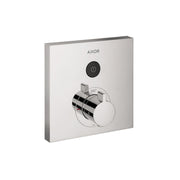 Square chrome shower trim with circular control dial, power button, and temperature dial marked 100 degrees.