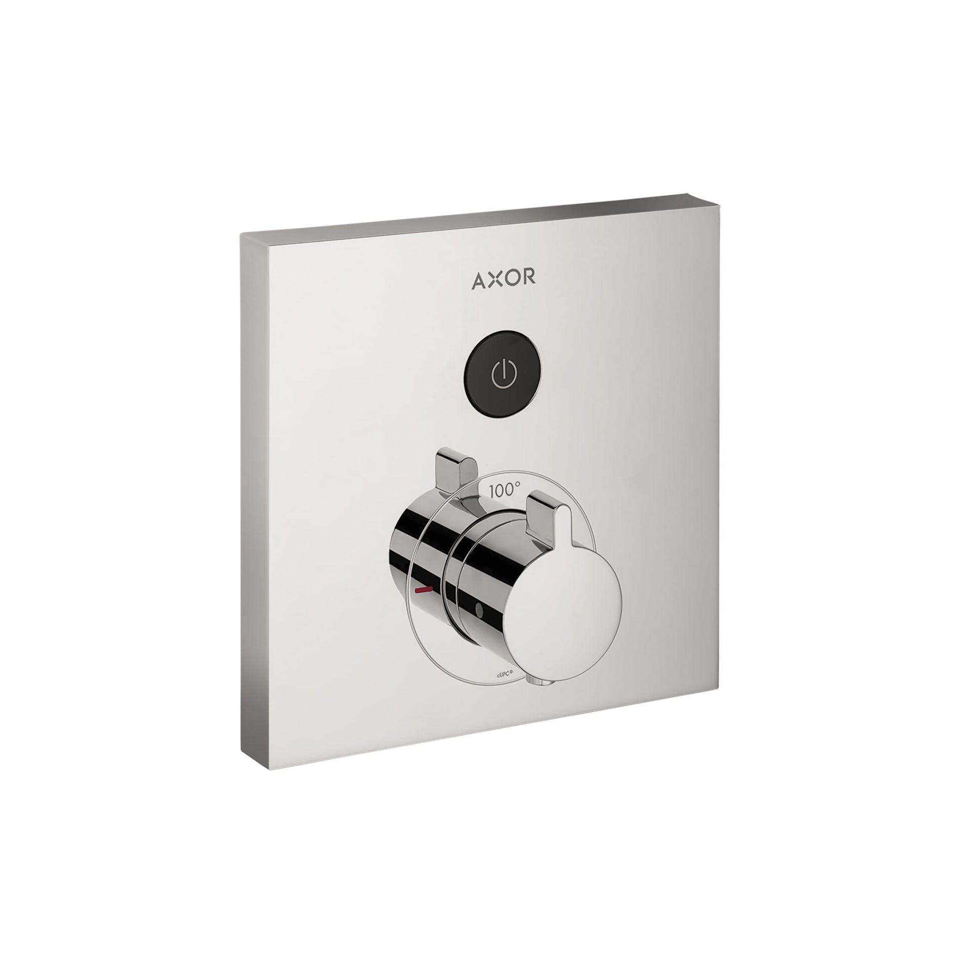 Square chrome shower trim with circular control dial, power button, and temperature dial marked 100 degrees.