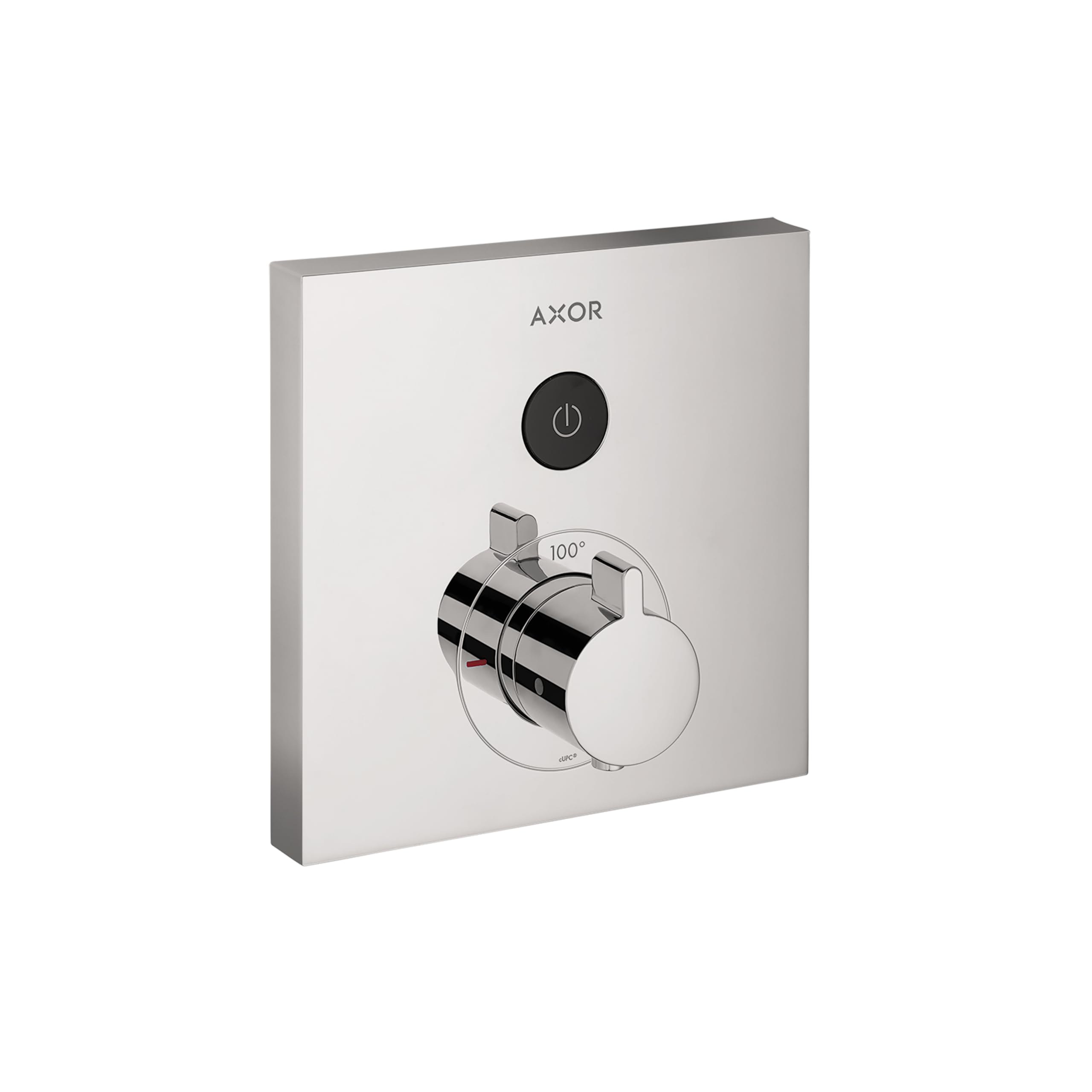 Square chrome shower trim with circular control dial, power button, and temperature dial marked 100 degrees.