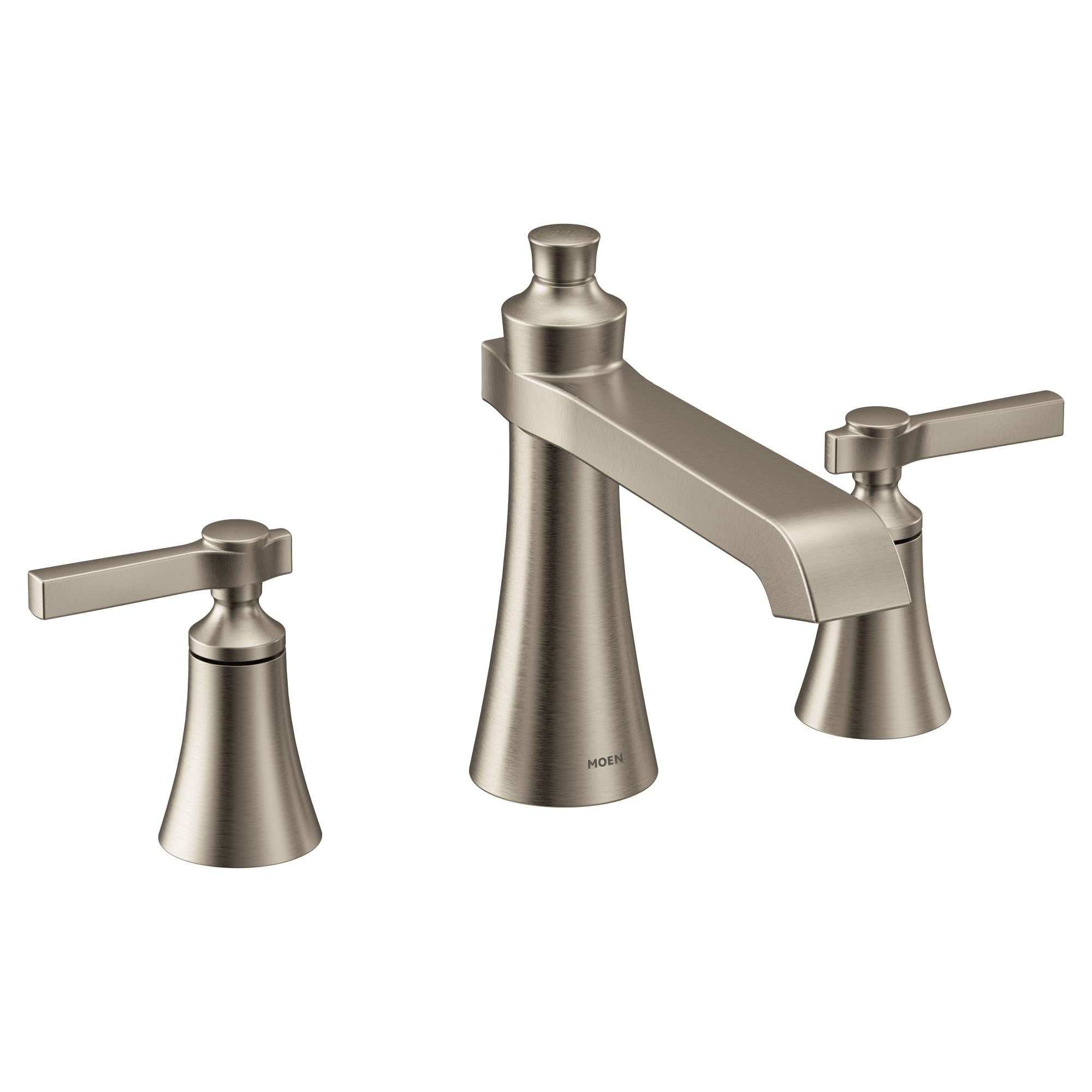 Brushed nickel two-handle Roman tub faucet with lever handles and curved spout.