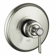 Brushed nickel pressure balance trim with circular escutcheon plate, temperature dial marked 0 to hot, and lever handle.