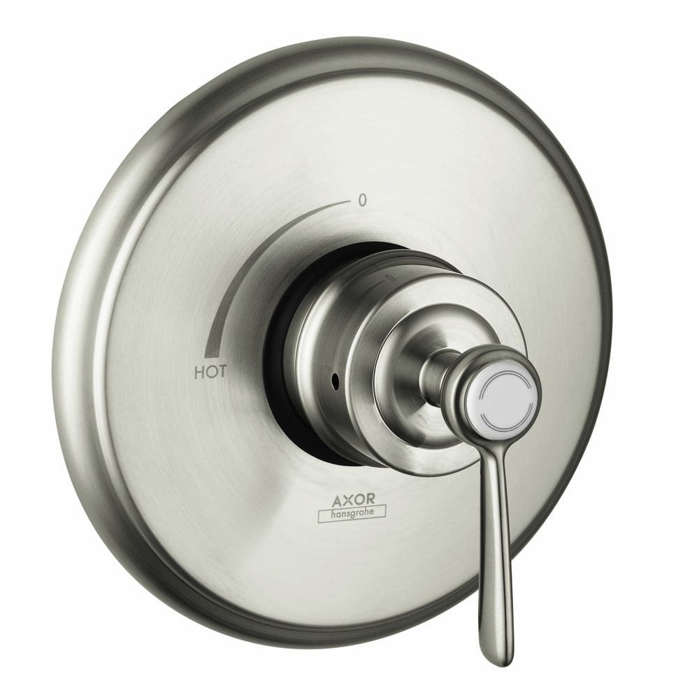 Brushed nickel pressure balance trim with circular escutcheon plate, temperature dial marked 0 to hot, and lever handle.