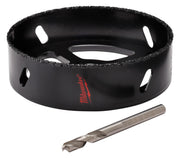 Black Milwaukee recessed light hole saw with serrated edge, four mounting holes, and included center drill bit.