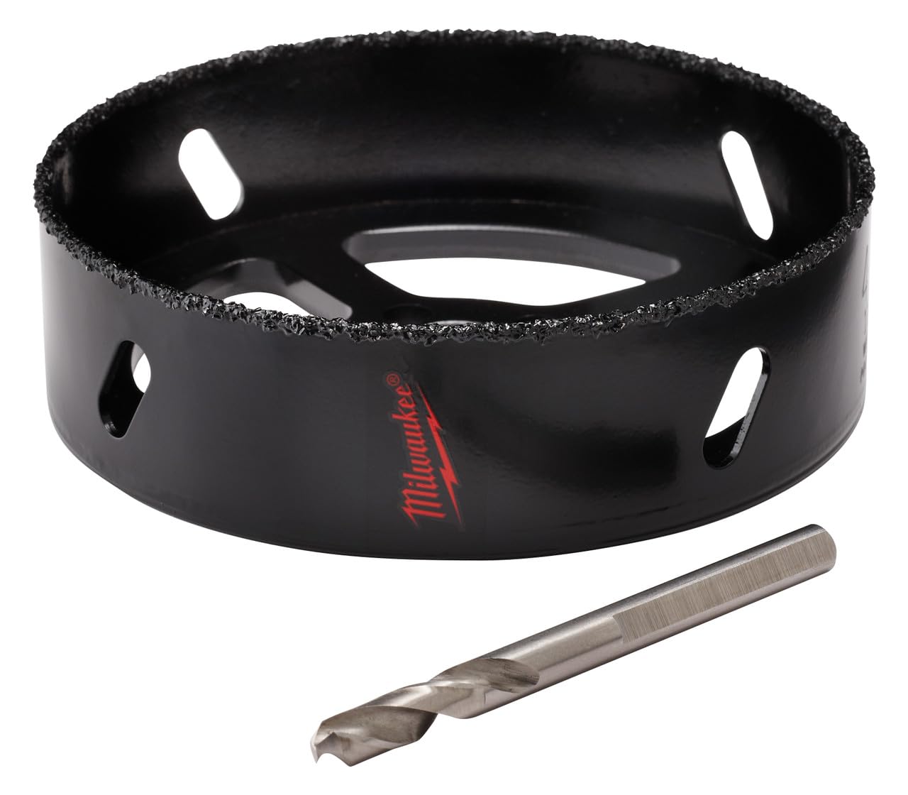 Black Milwaukee recessed light hole saw with serrated edge, four mounting holes, and included center drill bit.