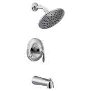 Chrome tub and shower trim kit with single handle valve, curved spout, and round rainfall showerhead.