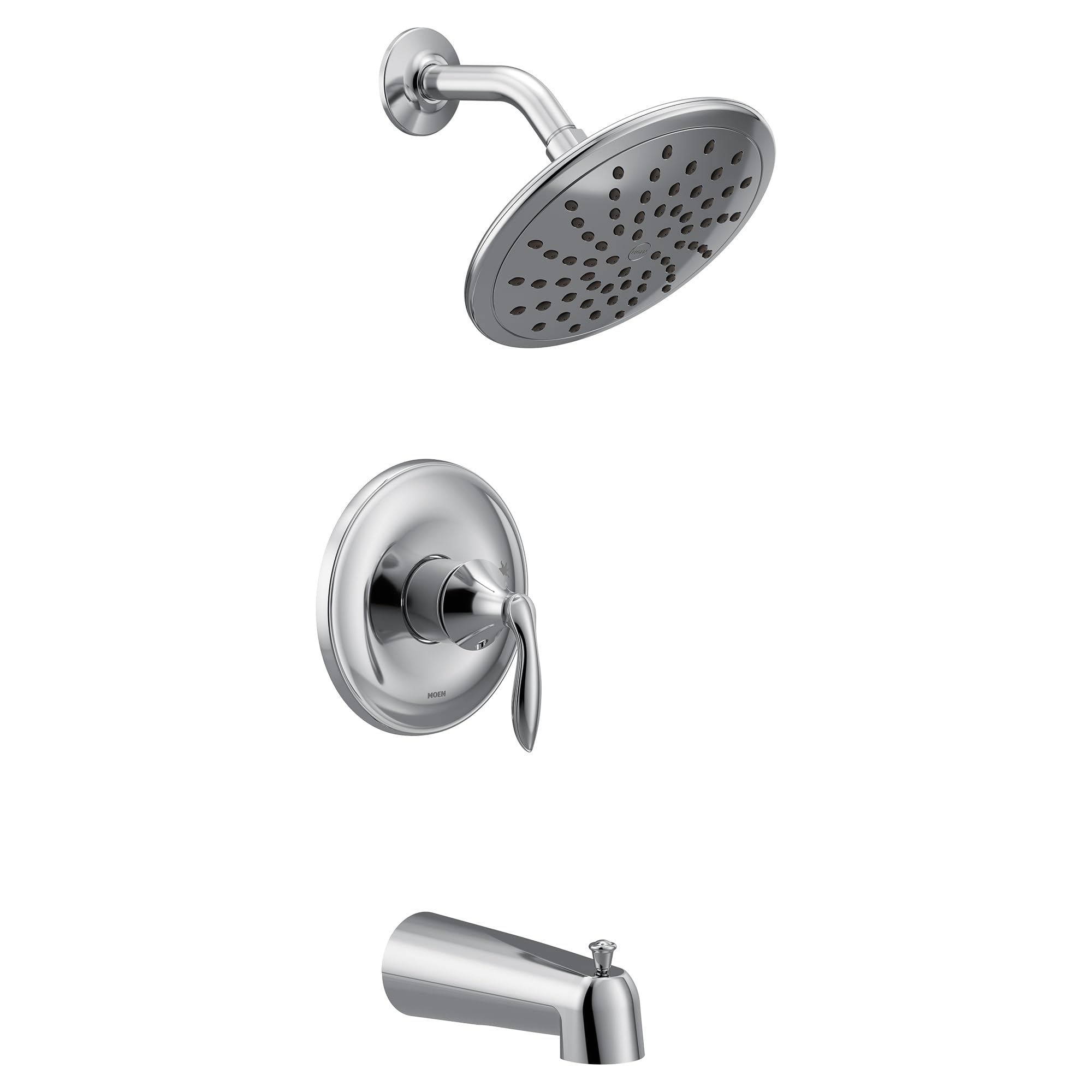 Chrome tub and shower trim kit with single handle valve, curved spout, and round rainfall showerhead.