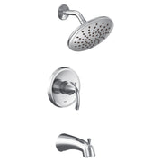 Chrome tub and shower trim kit with single handle valve, showerhead with spray holes, and curved tub spout.