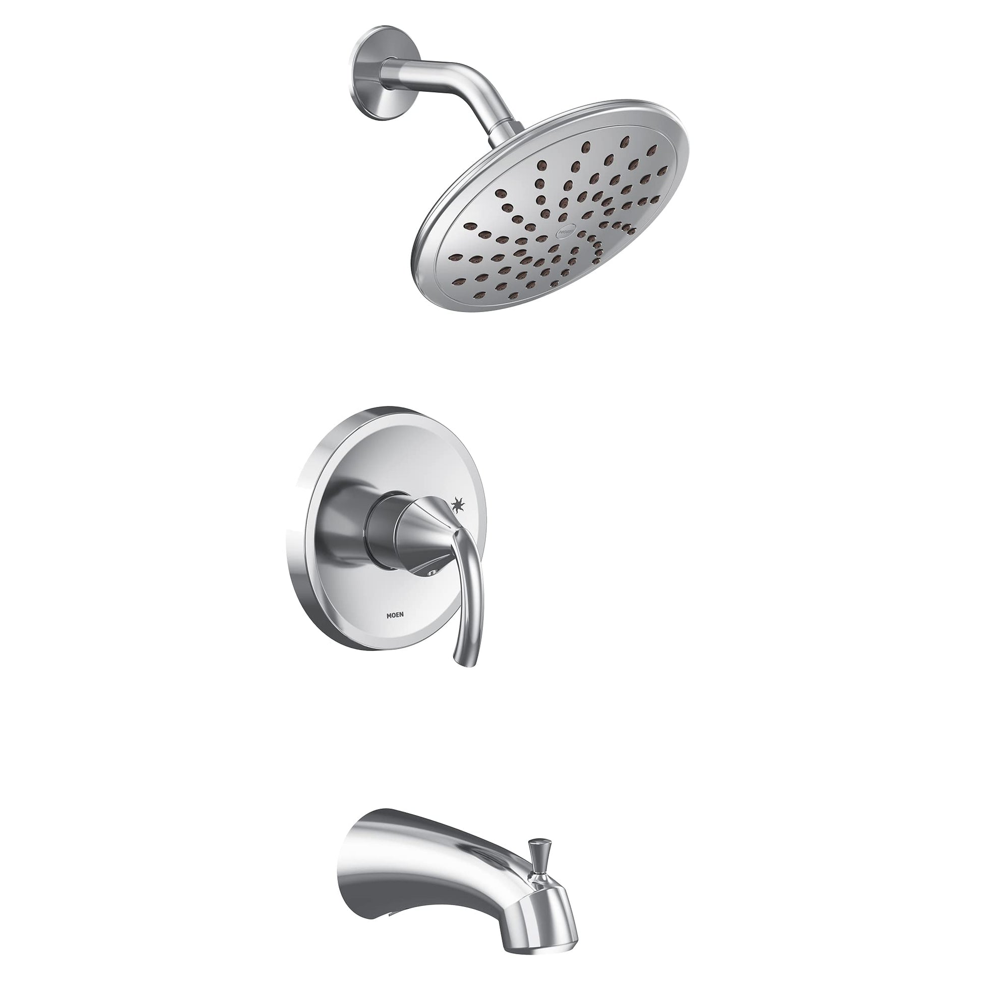 Chrome tub and shower trim kit with single handle valve, showerhead with spray holes, and curved tub spout.