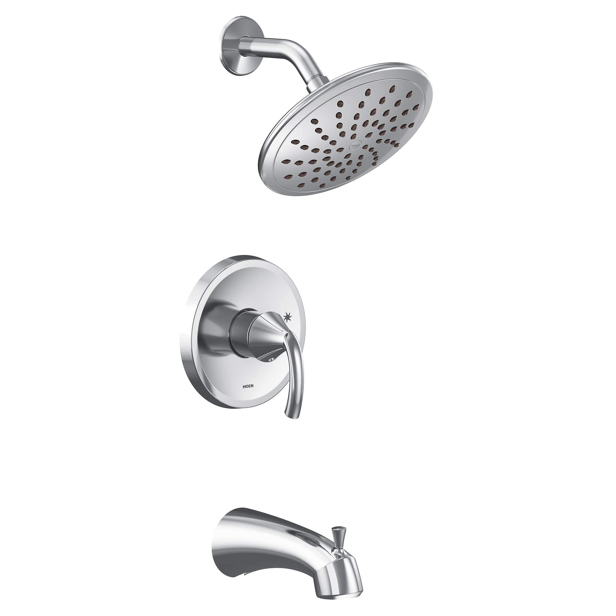Chrome tub and shower trim kit with single handle valve, showerhead with spray holes, and curved tub spout.