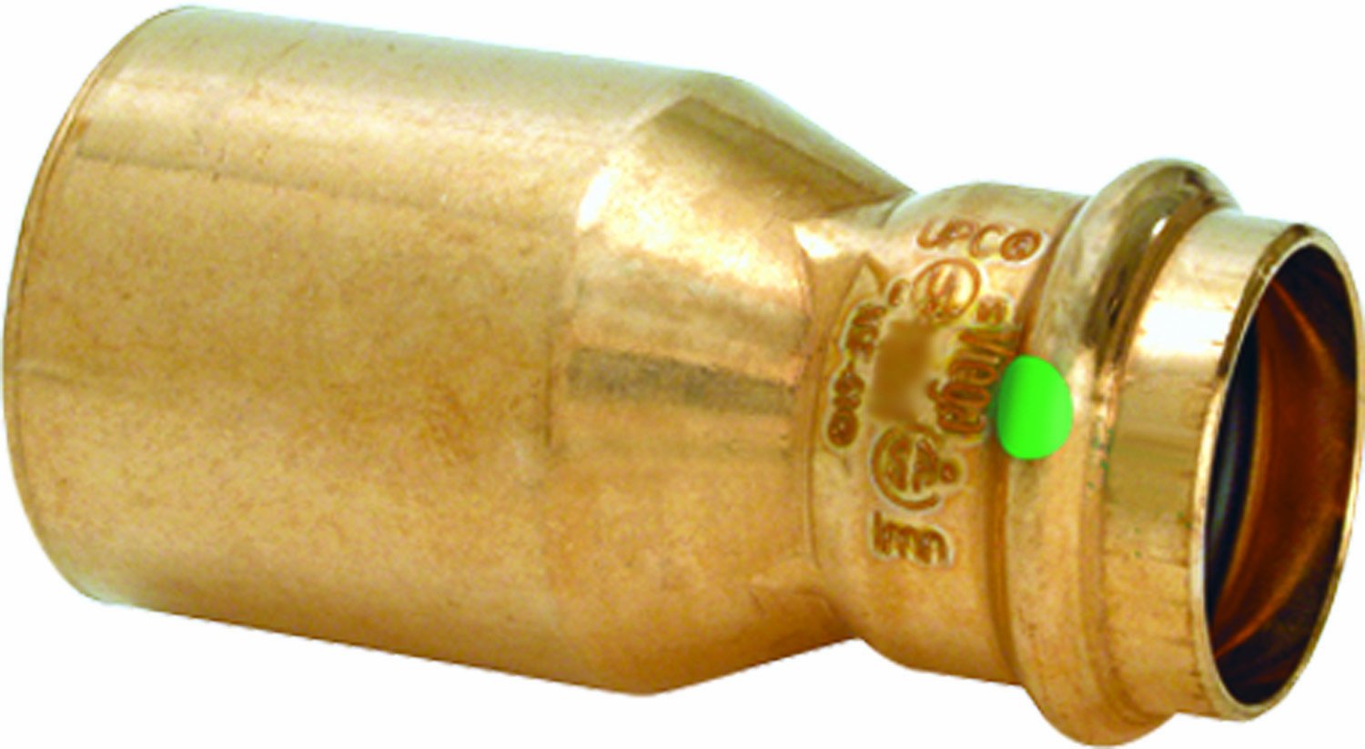 Copper reducer fitting with larger diameter on left side and smaller diameter on right side, green indicator dot visible on c