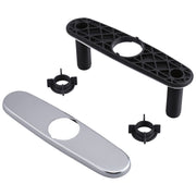 Silver stainless steel escutcheon with black mounting ring and connector clips for faucet installation.