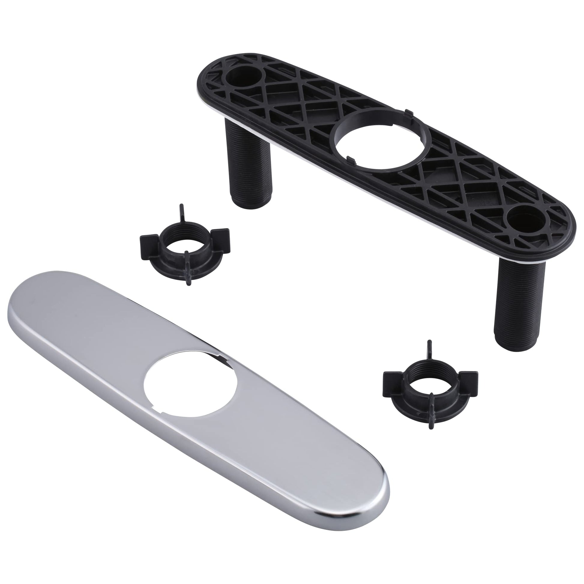 Silver stainless steel escutcheon with black mounting ring and connector clips for faucet installation.