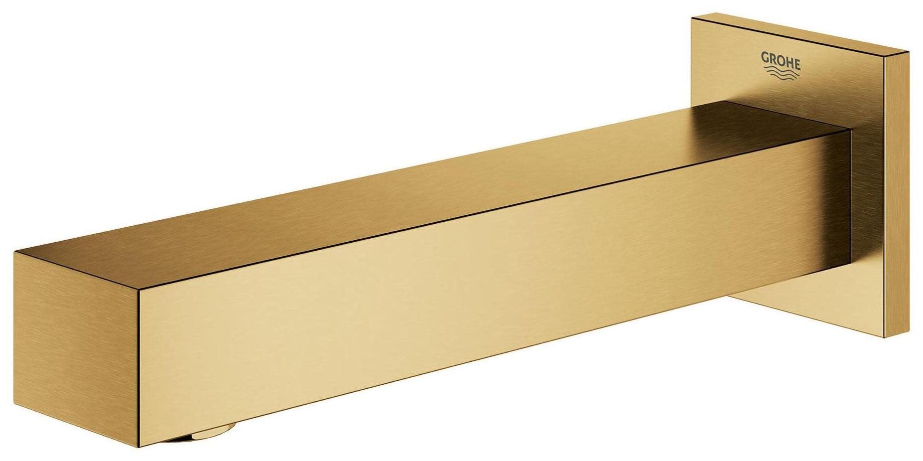 Grohe Eurocube rectangular tub spout in brushed gold finish with wall-mounted bracket.