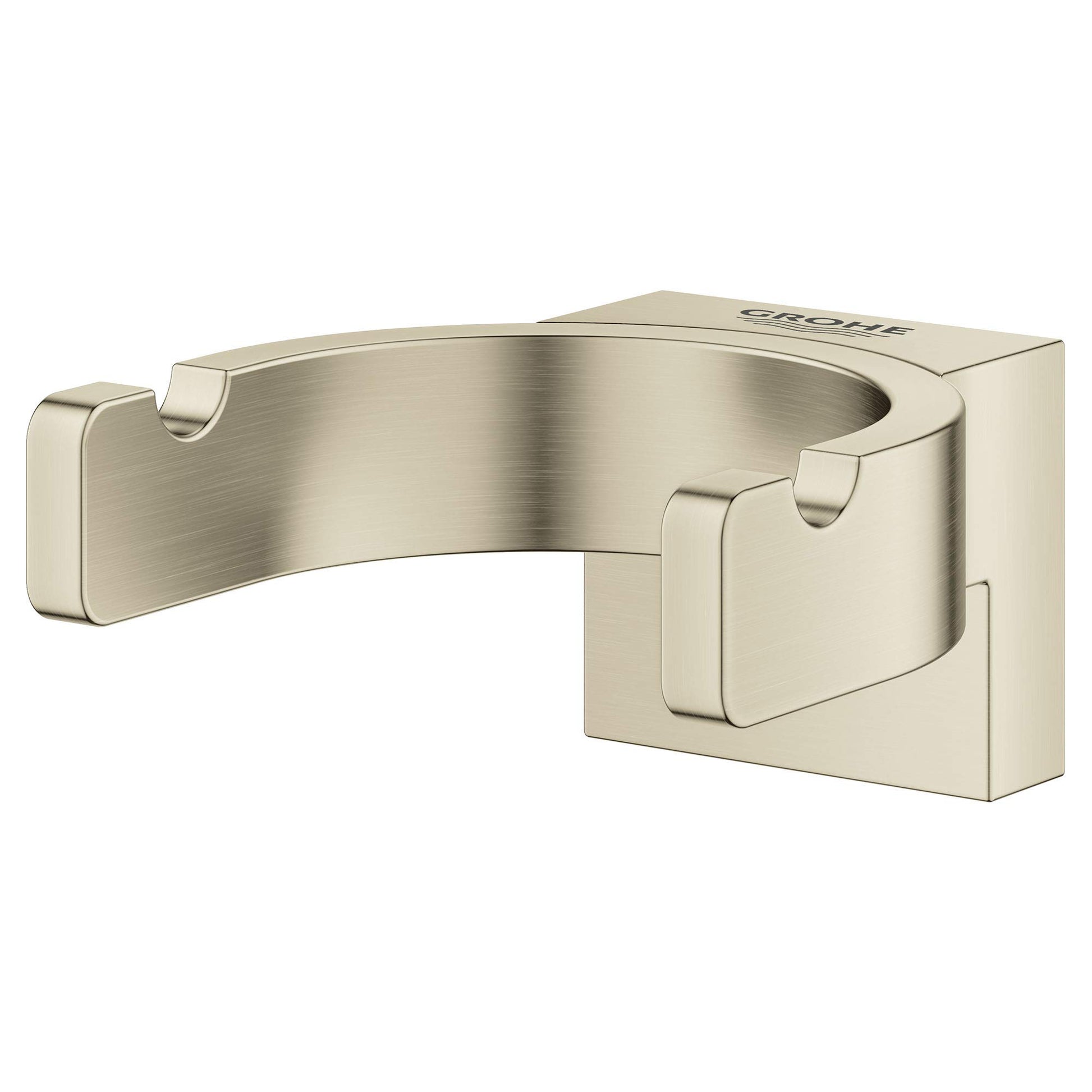 Brushed nickel robe hook with curved arm and rectangular wall mount plate.