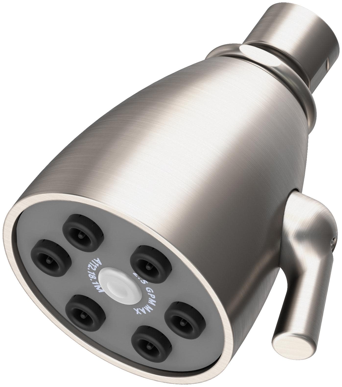 Satin nickel shower head with six spray nozzles, cylindrical body, and side lever handle.