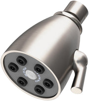 Satin nickel shower head with six spray nozzles, cylindrical body, and side lever handle.