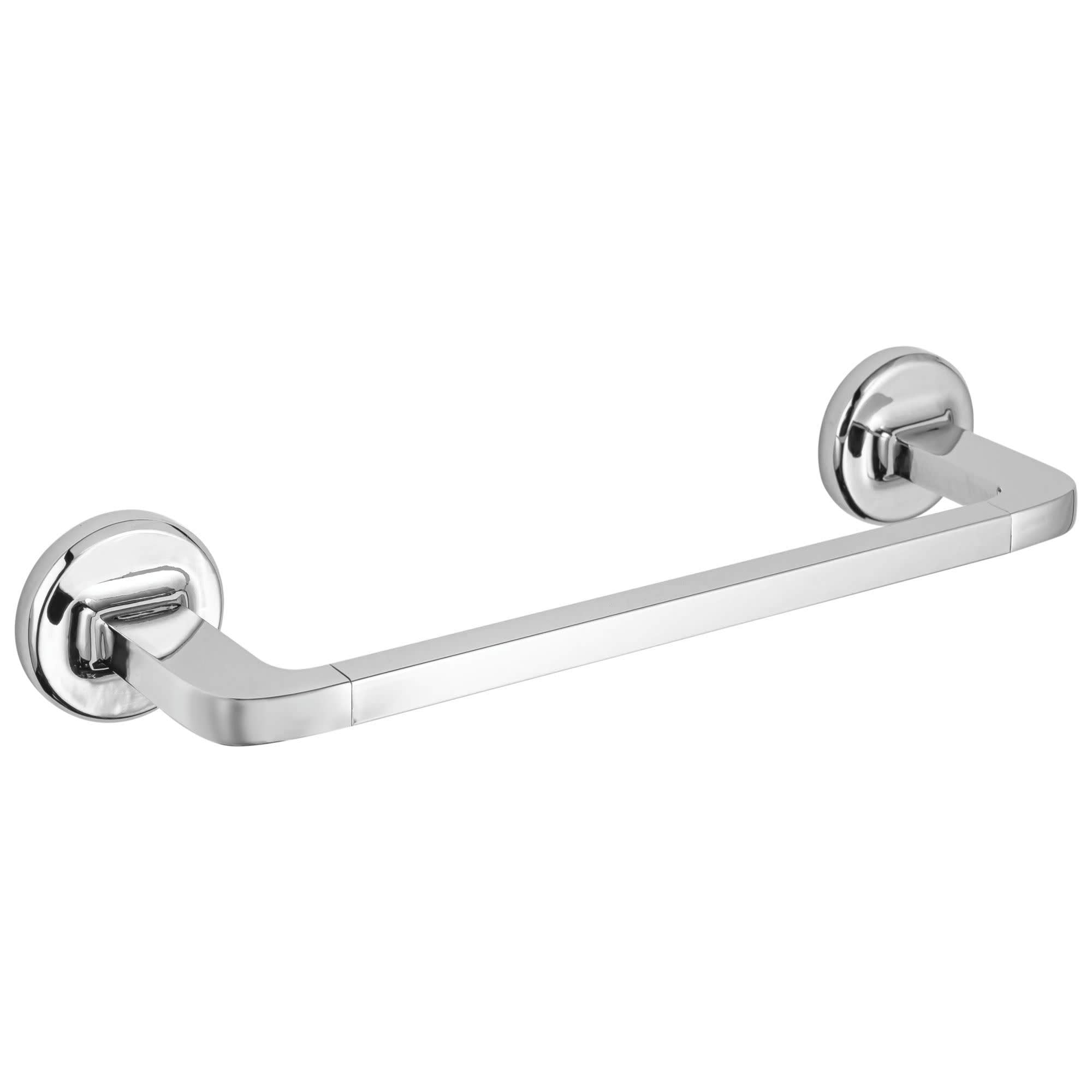 Chrome towel bar with curved rectangular rail and circular wall-mounted end caps on white background.