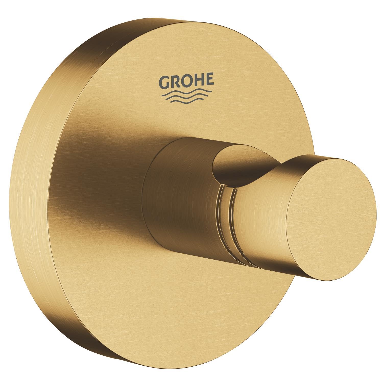 Grohe brushed cool sunrise robe hook with cylindrical hook extending from round wall-mounted base.