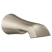 Brushed nickel curved tub spout with angled outlet and slip fit connection.