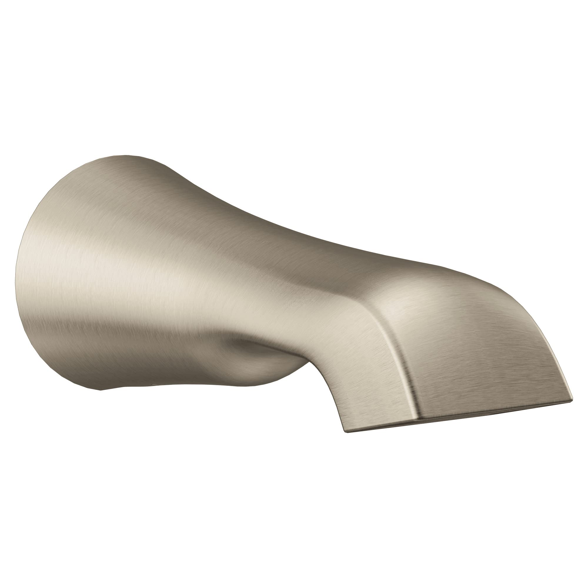 Brushed nickel curved tub spout with angled outlet and slip fit connection.