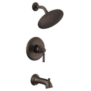 Oil rubbed bronze tub and shower trim kit with single lever handle, rainfall showerhead, and tub spout.
