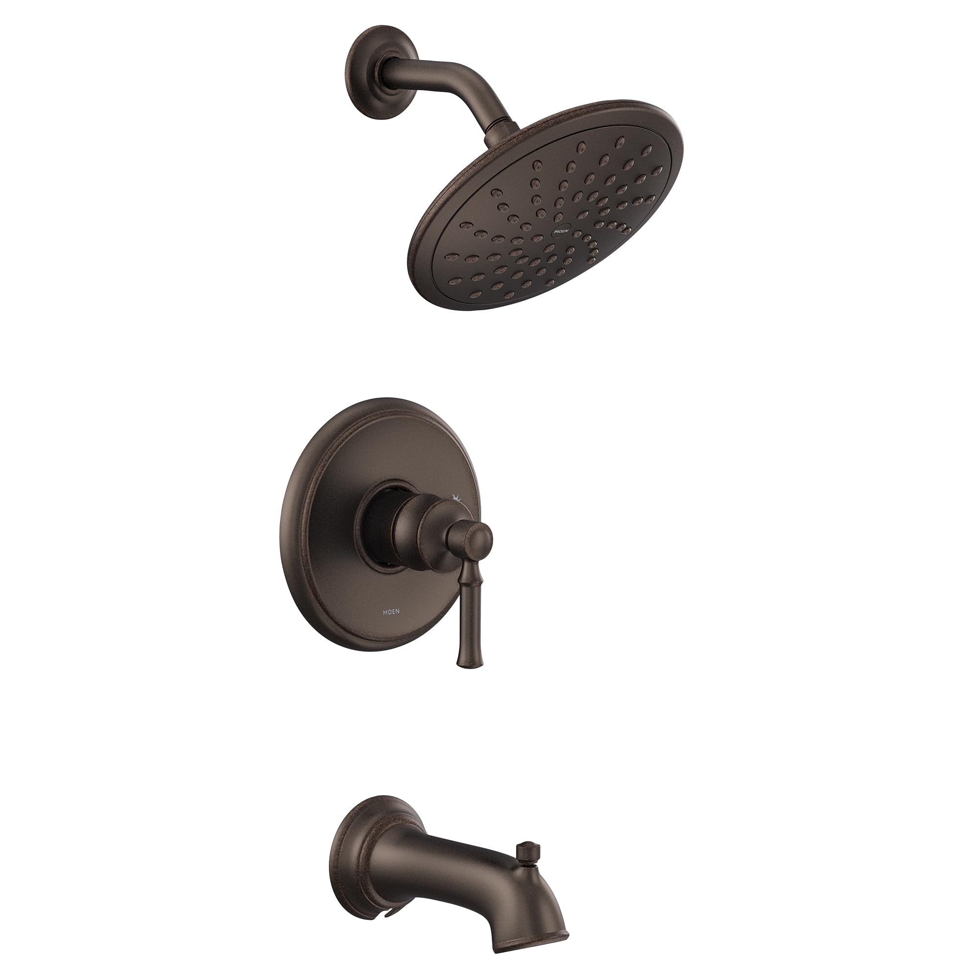 Oil rubbed bronze tub and shower trim kit with single lever handle, rainfall showerhead, and tub spout.