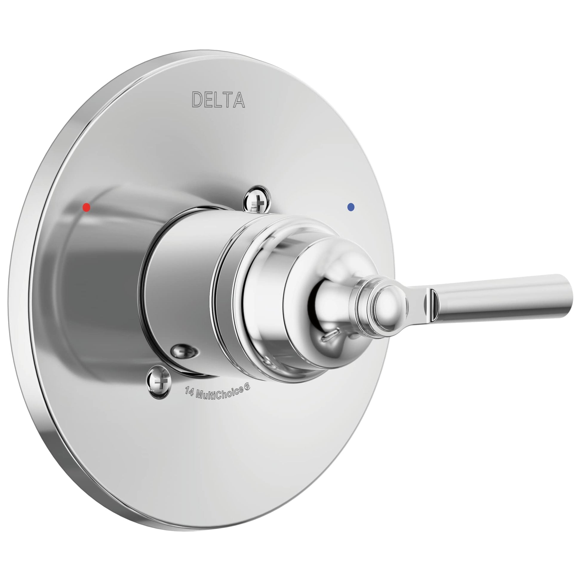 Chrome Delta Saylor Monitor 14 Series valve trim with round escutcheon plate and lever handle.