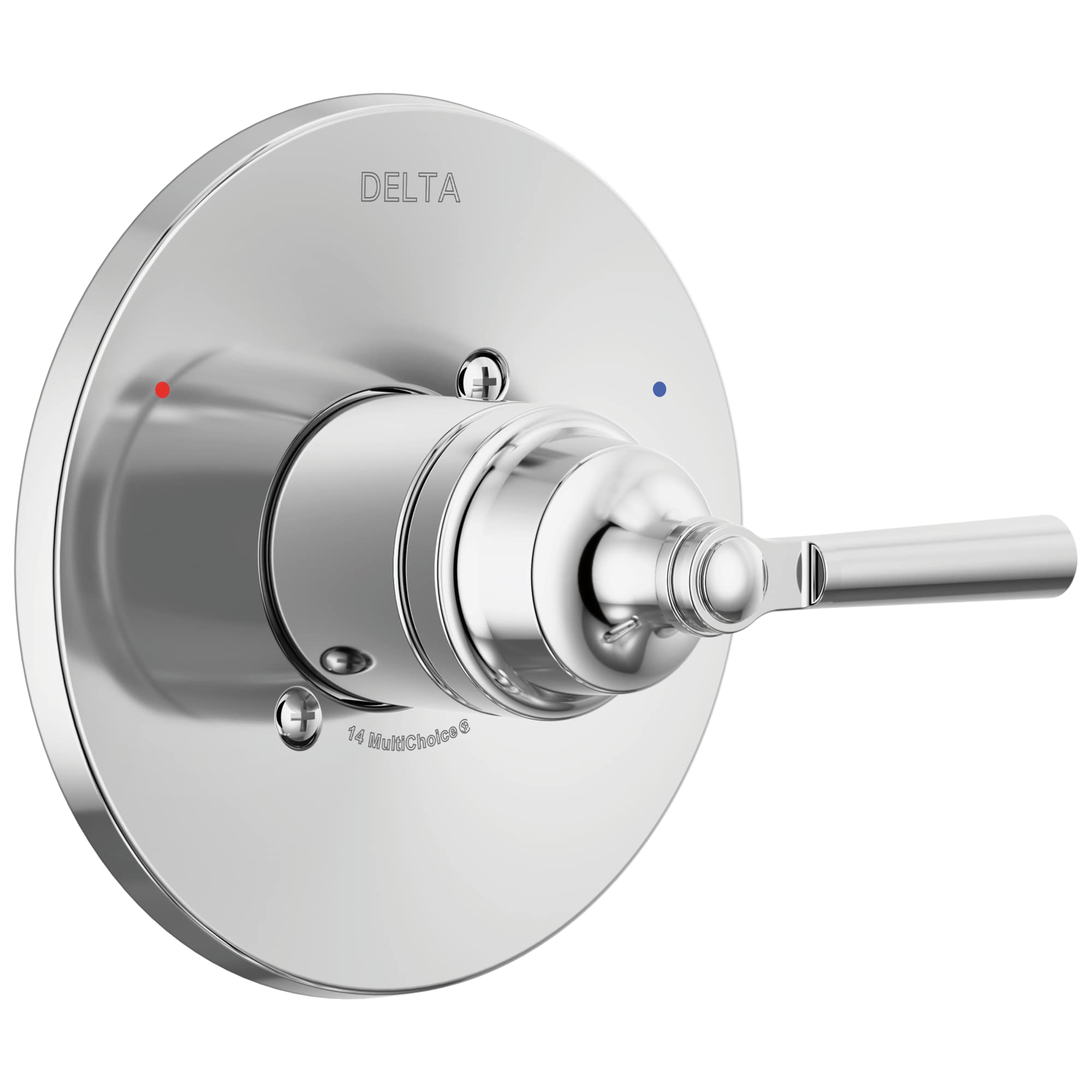 Chrome Delta Saylor Monitor 14 Series valve trim with round escutcheon plate and lever handle.