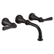 Matte black wall-mounted bathroom faucet trim with curved spout and three lever handles.