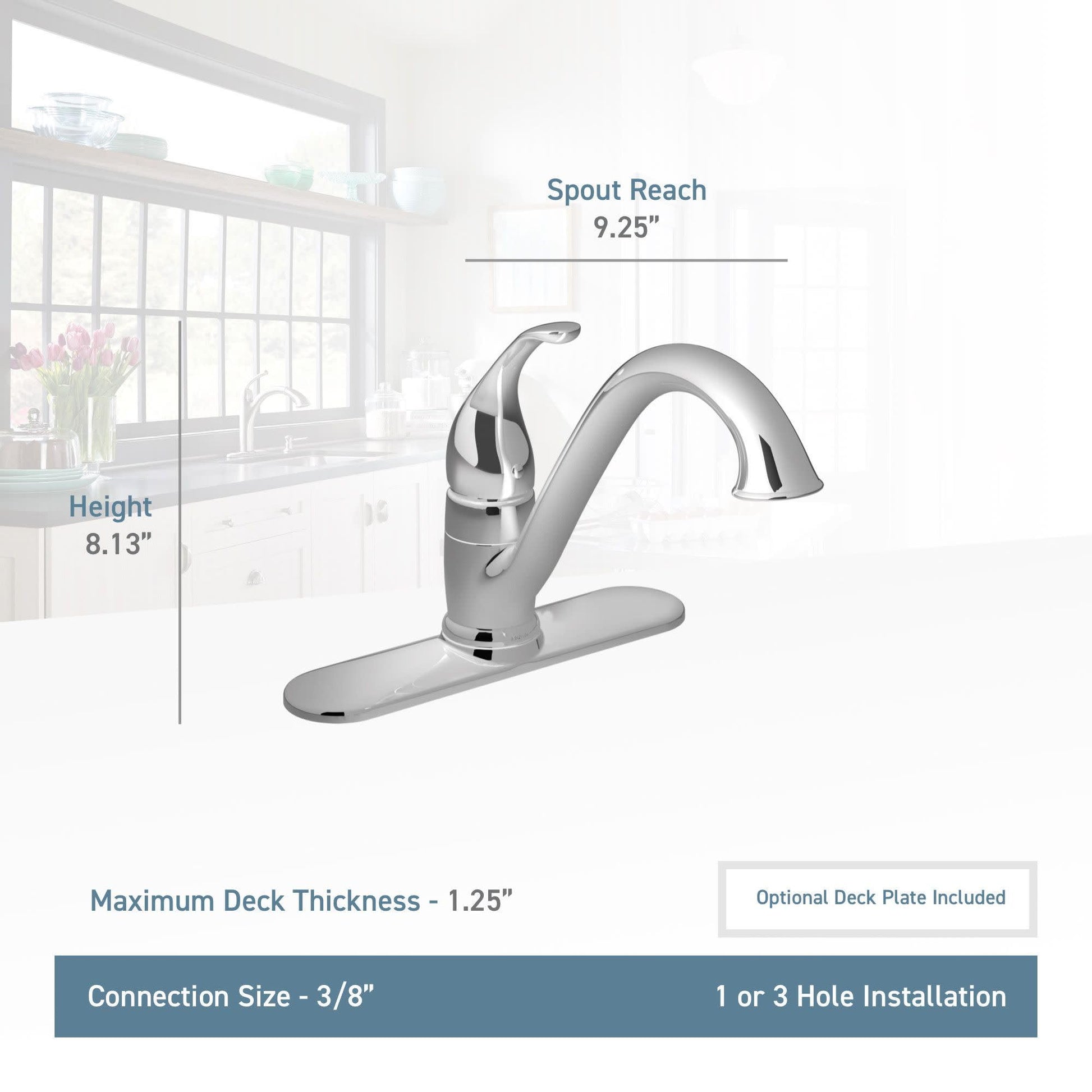 Moen Camerist stainless steel single-handle low arc kitchen faucet with curved spout and specifications displayed.