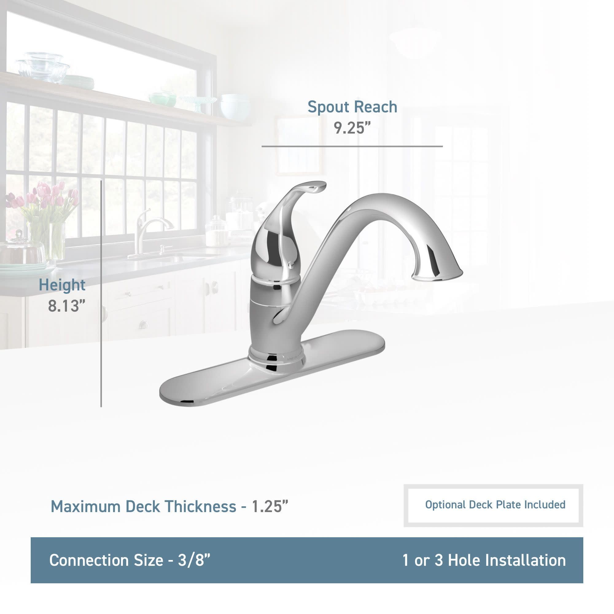 Moen Camerist stainless steel single-handle low arc kitchen faucet with curved spout and specifications displayed.