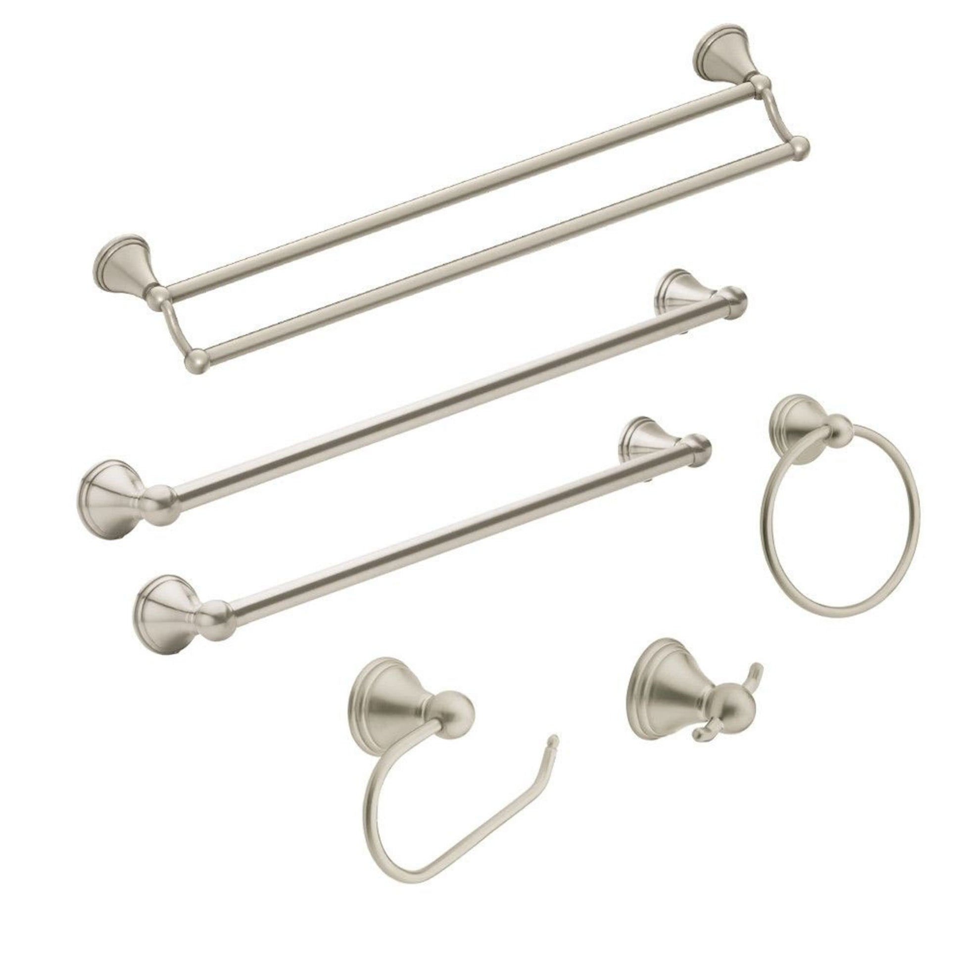 Brushed nickel bathroom hardware set including double towel bars, single towel bars, towel ring, and hooks.