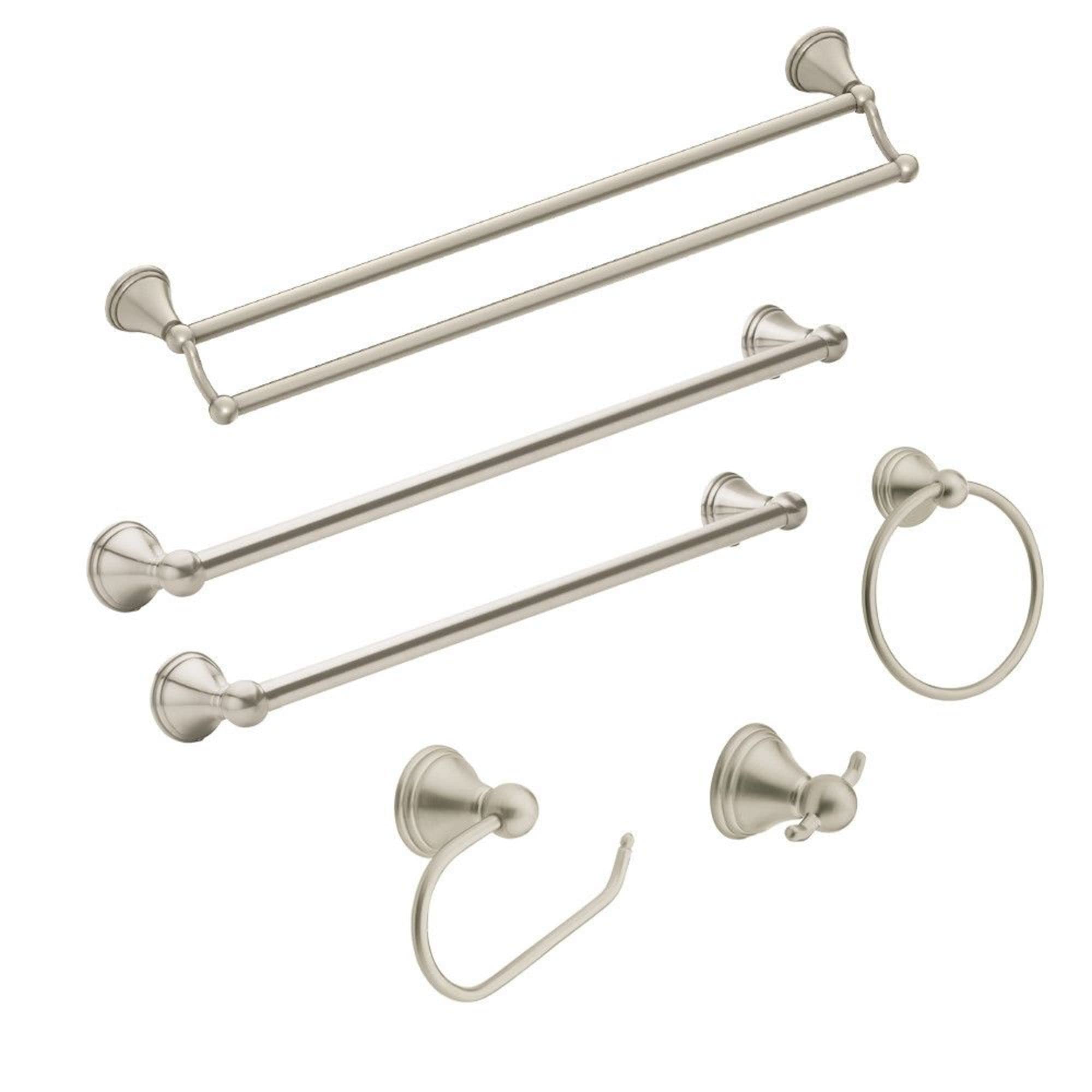Brushed nickel bathroom hardware set including double towel bars, single towel bars, towel ring, and hooks.