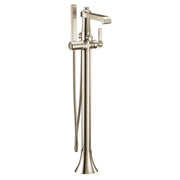 Polished nickel freestanding tub filler with single handle, curved spout, and detachable handshower on hose.