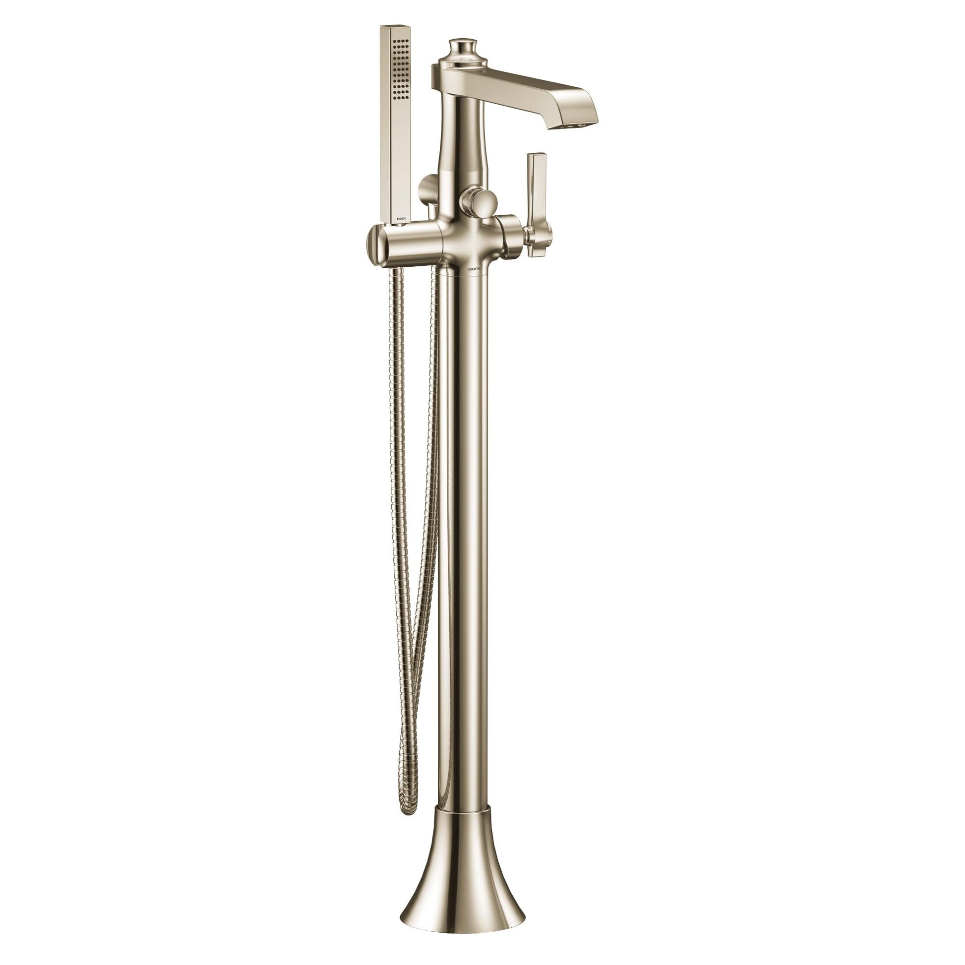 Polished nickel freestanding tub filler with single handle, curved spout, and detachable handshower on hose.