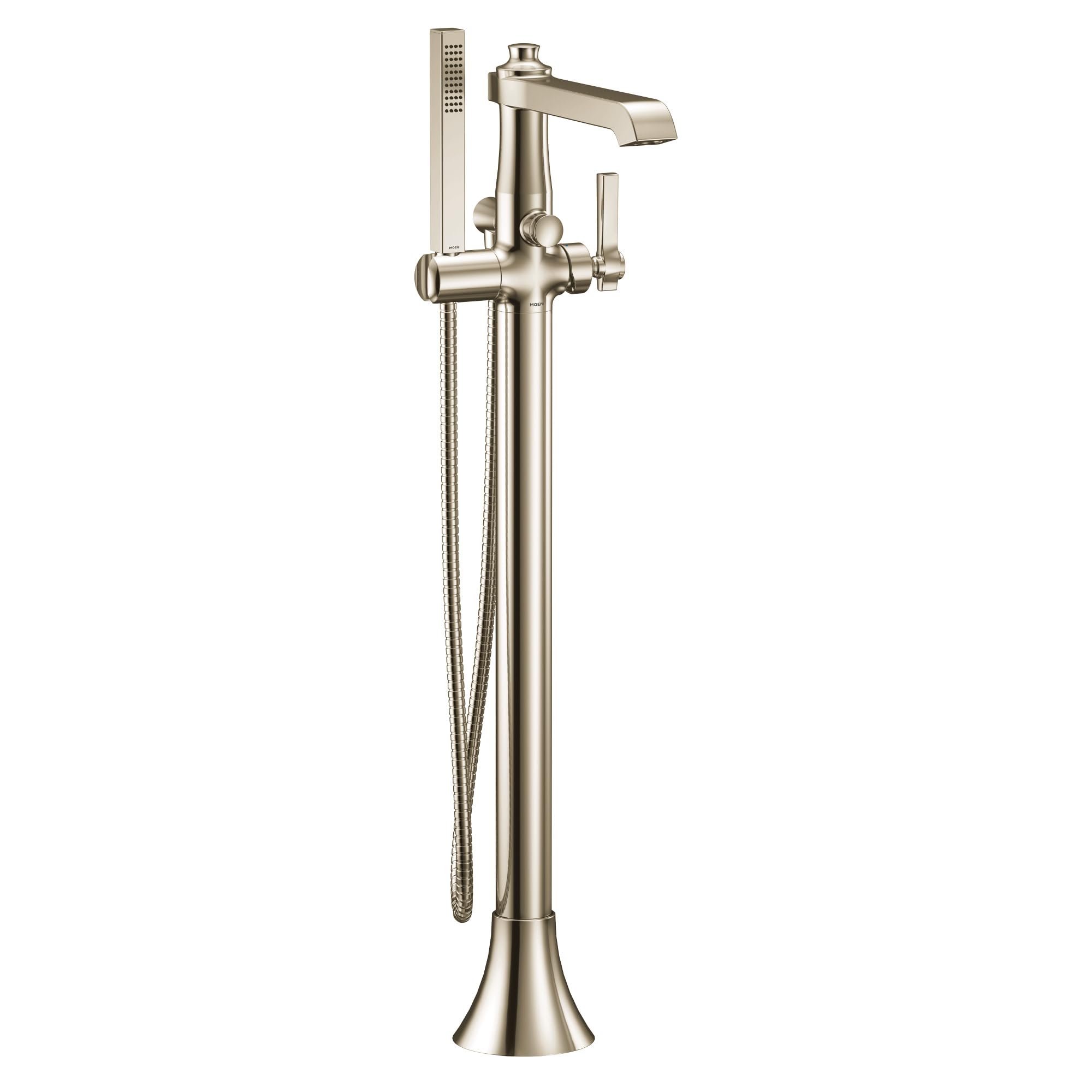 Polished nickel freestanding tub filler with single handle, curved spout, and detachable handshower on hose.