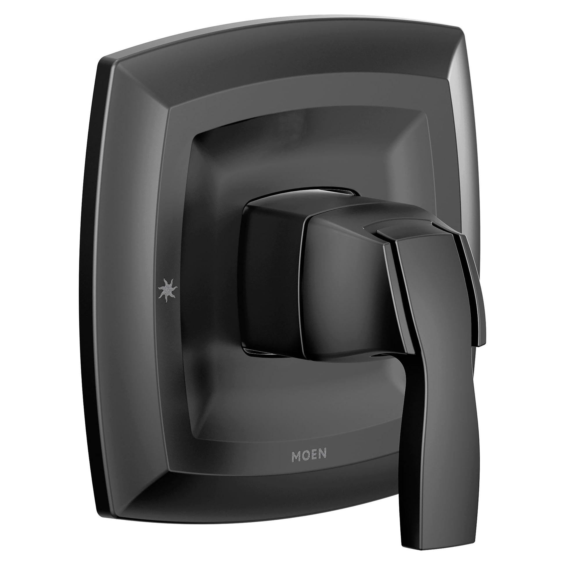 Moen Voss matte black single-handle valve trim with squared escutcheon plate and lever handle.